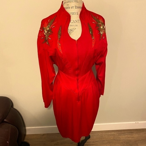 VINTAGE 80’s IIF Gold & Red Lace & Stud Embellished Cocktail Dress Long Sleeve S - Picture 2 of 9